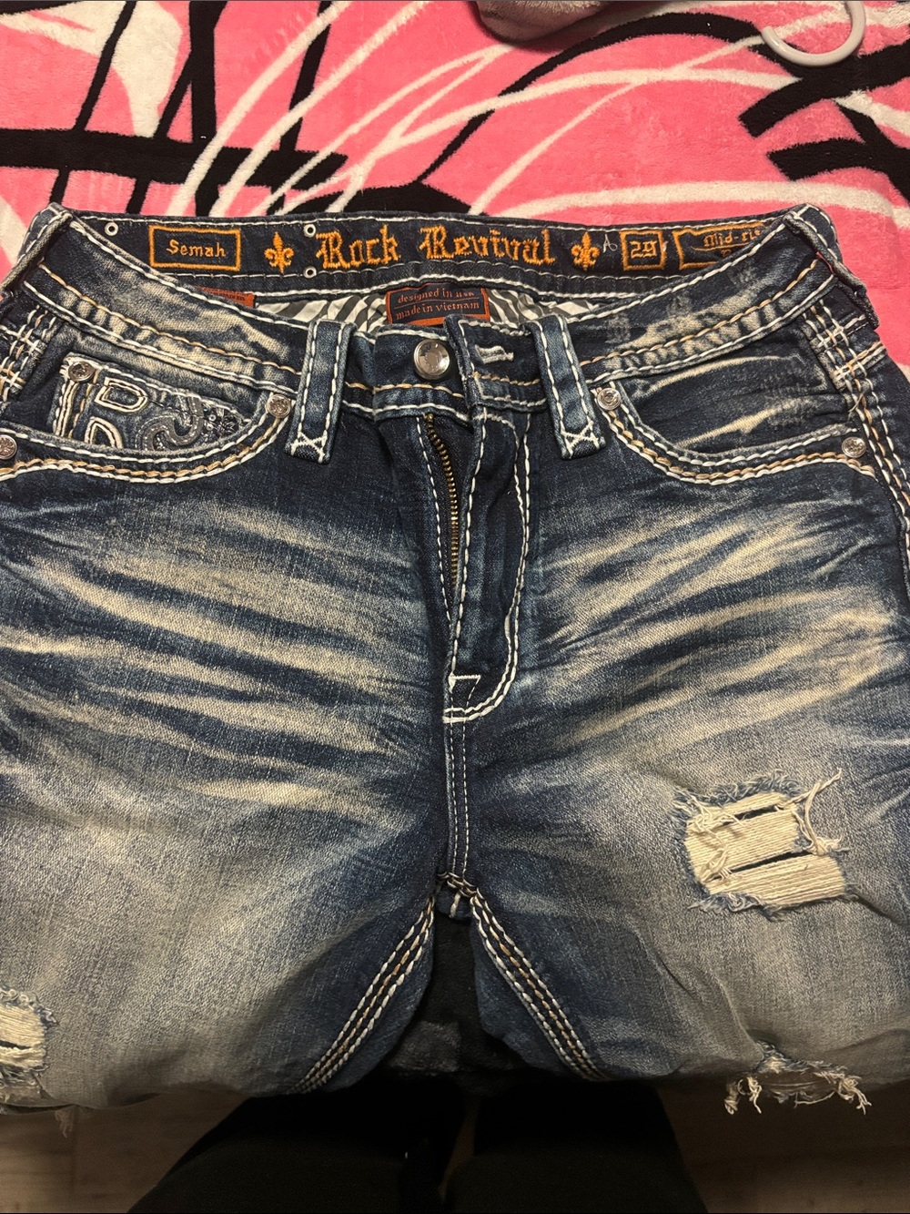 Embellished Dark Blue Women's Jeans with Contrast Stitching Rock revival
